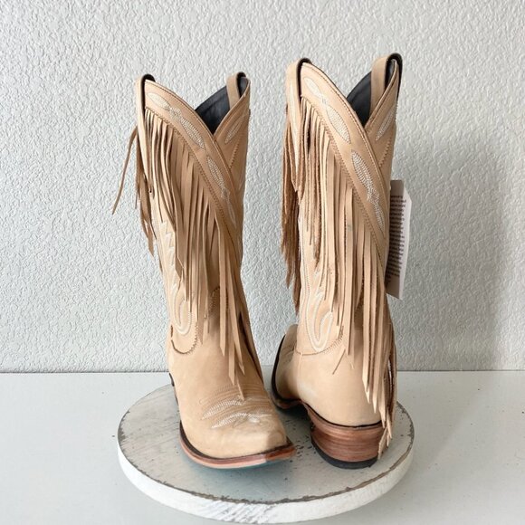 Lane SENITA FALLS Womens Cowboy Boots 9 Tan Fringe Western Cowgirl Mid Calf Tall - Picture 1 of 11